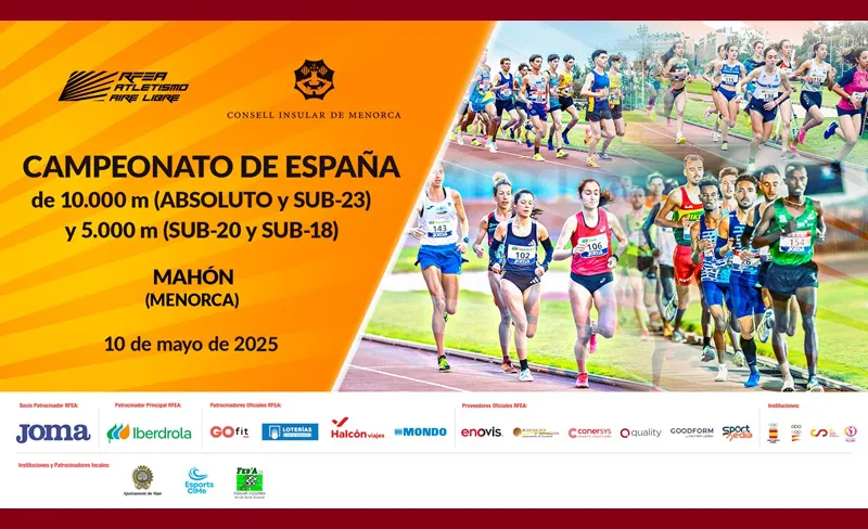Cartel Campeonato de España 10.000m.l. Absoluto y Sub23 - 5.000m.l. Sub20-Sub18 Mahón 2025